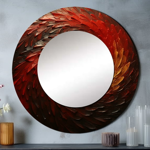 Designart "Spiraling Red Whimsical Whirl" Abstract Spirals Rund Mirror For Wall Decor - Large Red Round Print Mirror - Round Modern Mirror - Wall Mounted Round Large Mirror - 23" x 23"