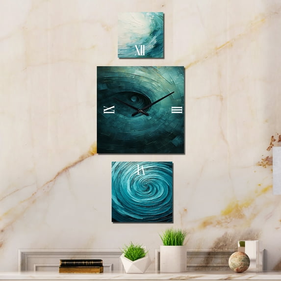 Designart "Spiraling Tranquil Teal Twist" Abstract Spirals Oversized Contemporary Clock - Set Of 3 - Multipanel Clock For Living Room Décor - Large Vertical Clock