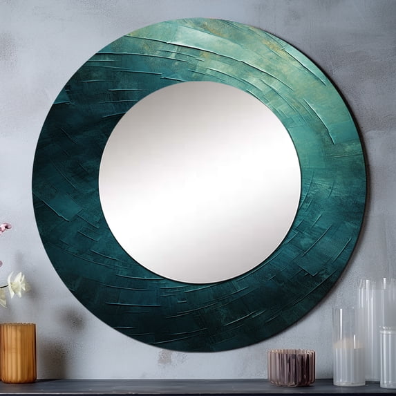 Designart "Spiraling Tranquil Teal Twist I" Abstract Spirals Round Mirror Wall Decor Modern - Large Blue Round Office Mirror - Round Mirror - 36" x 36"