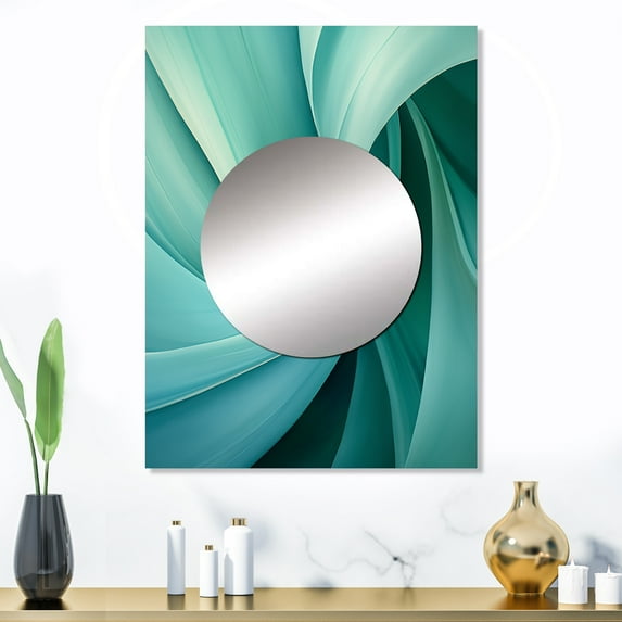 Designart "Spiraling Tranquil Teal Twist III" Abstract Spirals Mirror Wall Decor - Modern Blue Abstract Large Mirror For Wall Art Decor - 32" x 24" Inch