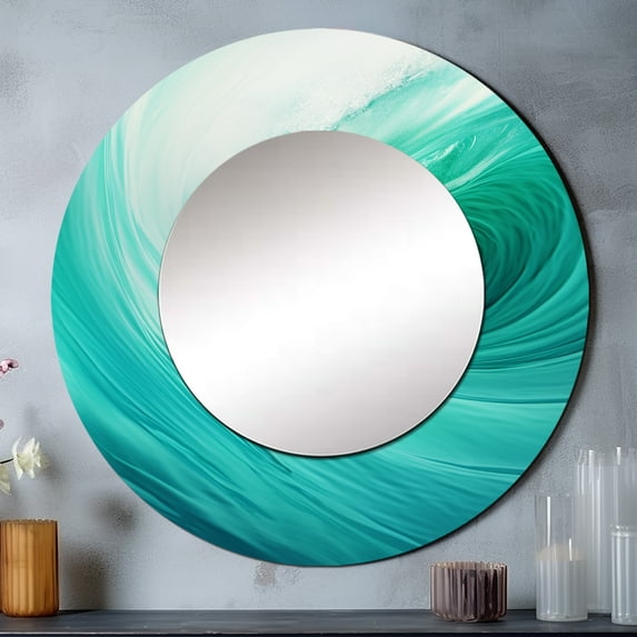 Designart "Spiraling Turquoise Wondrous Wave" Abstract Spirals Rund Mirror For Wall Decor - Large Turquoise Round Print Mirror - Round Modern Mirror - Wall Mounted Round Large Mirror - 29" x 29"