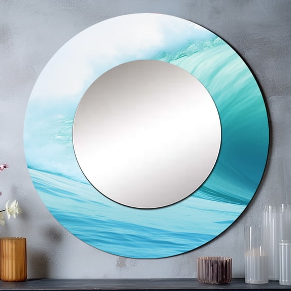 Designart "Spiraling Turquoise Wondrous Wave I" Abstract Spirals Round Mirror Wall Decor Modern - Large Turquoise Round Office Mirror - Round Mirror - 23" x 23"