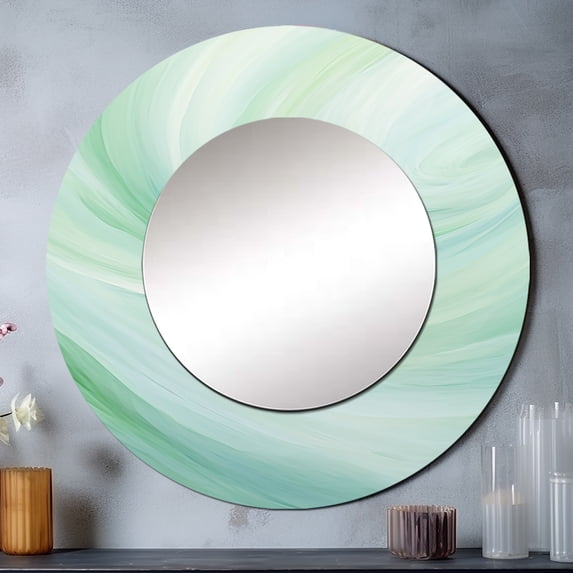 Designart "Spiraling Whispering Green Wave" Abstract Spirals Rund Mirror For Wall Decor - Large Green Round Printed Mirror -Modern Round Living Room Mirror - 29" x 29"