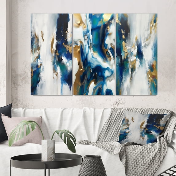 Designart "Spirit Abstract Nova Blue and Gold II" Abstract Painting Wall Art Set Of 3 - Modern Gold Gallery Wall Set For Home Decor