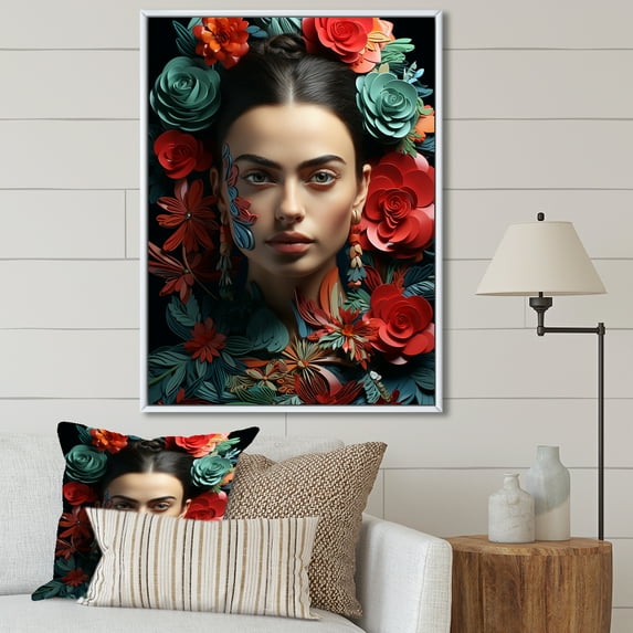 Designart "Spirit of Frida in Mexican Woman's Photo II" People Framed Wall Art - Global Blue Mexican Art Living Room Framed Canvas Art