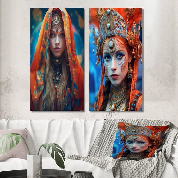 Designart "Spiritual Festivities Vibrant Slavic Portraits IX" Boho Woman Wall Art Set Of 2 - Glam Red Canvas Set For Living Room Decor