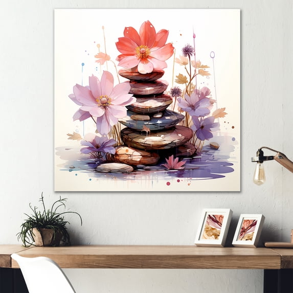 Designart "Spiritual Stones amidst Pink Zen Blossoms IV" Food & Beverage Wall Art - Traditional Pink Fruits Bedroom Canvas Wall Art