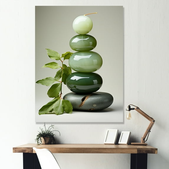 Designart "Spiritual Zen Stone in Green III" Spiritual Canvas Wall Art - Global Green Spiritual Stone Hallway Wall Art Decor
