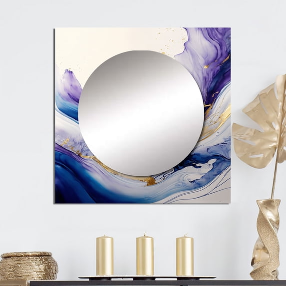Designart "Splash of Blue, Gold, and Purple I" Modern Square Mirror For Wall Decor - Large Blue Square Mirror Printed Wall Decor - Modern Square Living Room Mirror