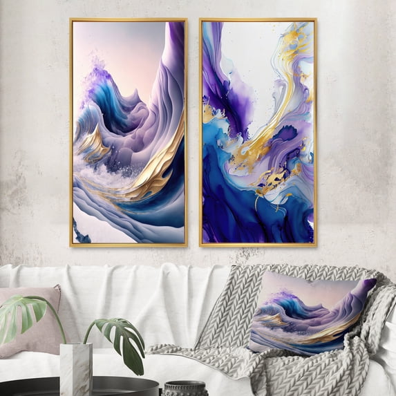 Designart "Splash of Blue, Gold, and Purple IV" Abstract Spirals Framed Wall Art Set Of 2 - Blue Abstract Framed Canvas Set For Living Room Decor