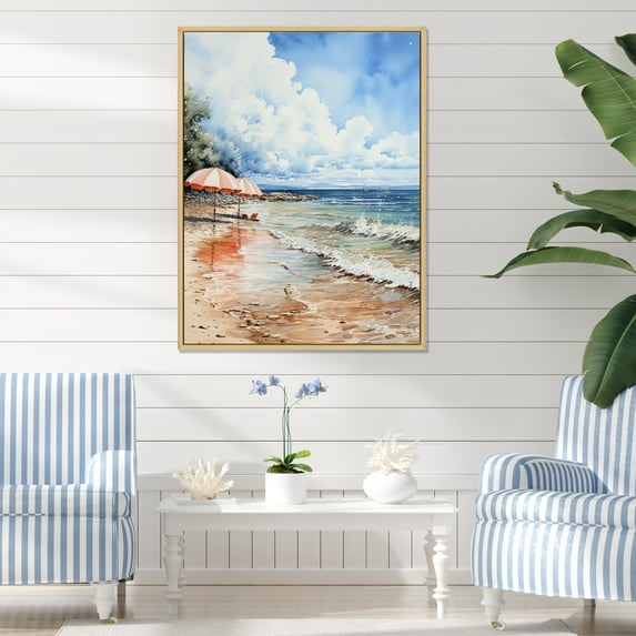 Designart "Splash of Colorful Beach Umbrellas I" Nautical & Beach Floater Framed Wall Art Print