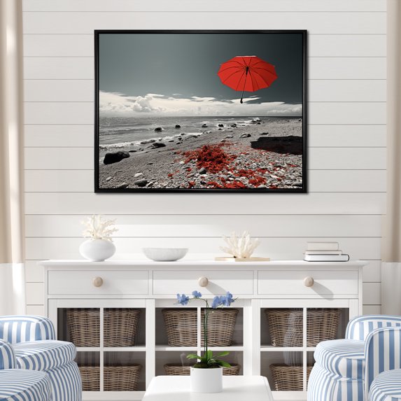 Designart "Splash of Colorful Beach Umbrellas III" Nautical & Beach Floater Framed Wall Art Print