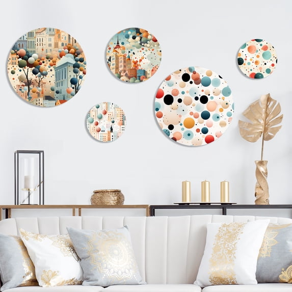 Designart "Splendid Architectural Polka Dots II" Polka Dots Round Wall Art Set Of 5 - Teal Modern Living Room Wall Metal Art Set