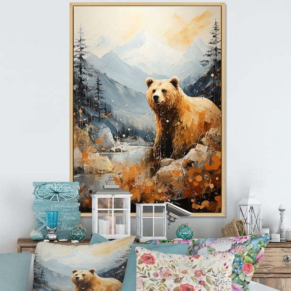 Designart "Splendid Mountain And Bear" Animals Bear Floater Framed Canvas Prints