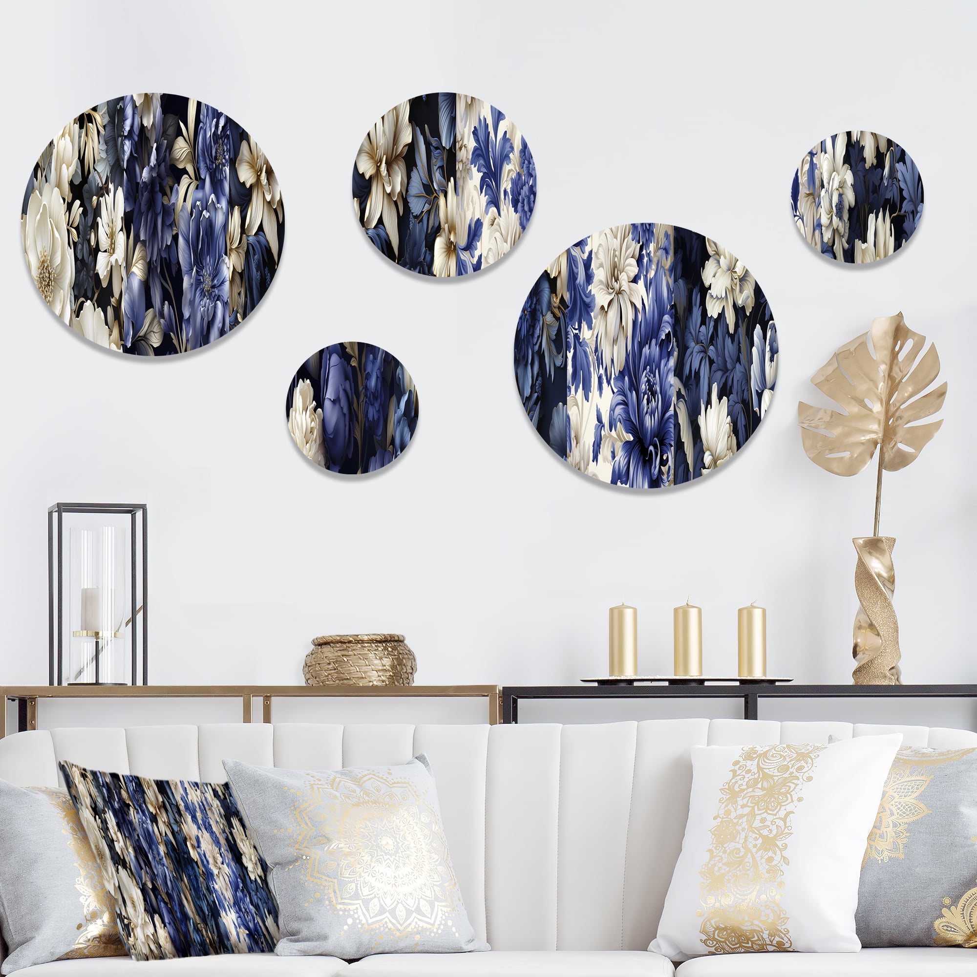 Elegant Blue and White Floral Metal Wall Art Set of 5