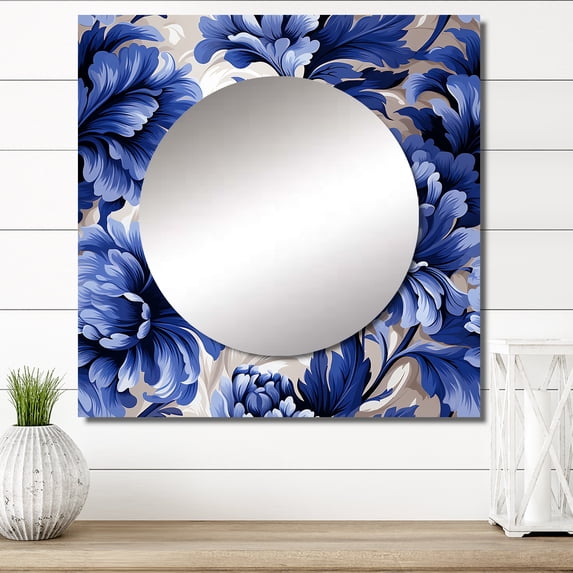 Designart "Splendid Victorian Damask I" floral Square Mirror For Wall Decor - Large Blue Square Mirror Printed Wall Decor - Cottage Square Living Room Mirror