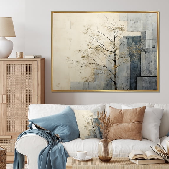 Designart "Splitting Nature In Grey And White I" Abstract Shapes Floater Framed Wall Art Living Room