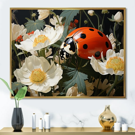 Designart "Spots Pastoral Ladybug Playful painting I" Animals Floater Framed Wall Decor