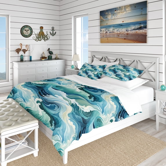 Designart "Sprayed By The Ocean" Blue Coastal Bedding Covert Set - Nautical & Coastal Bed Set With 2 Shams