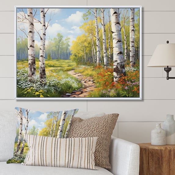 Designart "Spring Awakening Birch Woods II" Tree Birch Floater Framed Canvas Print