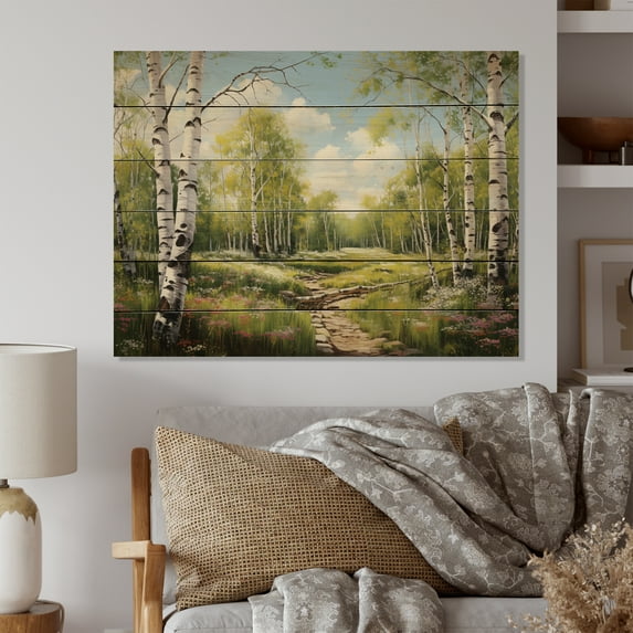Designart "Spring Awakening Birch Woods III" Tree Birch Print on Natural Pine Wood