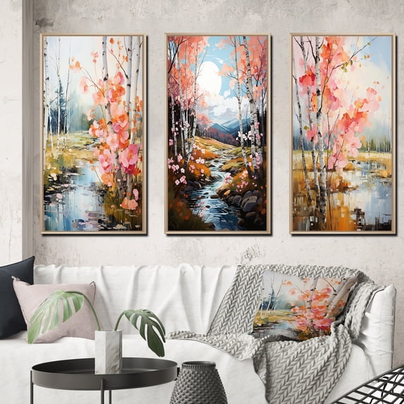 Designart "Spring Awakening Birch Woods VI" Floral Framed Wall Art Set Of 3 - Pink Tree Birch Frame Canvas Set For Living Room Decor