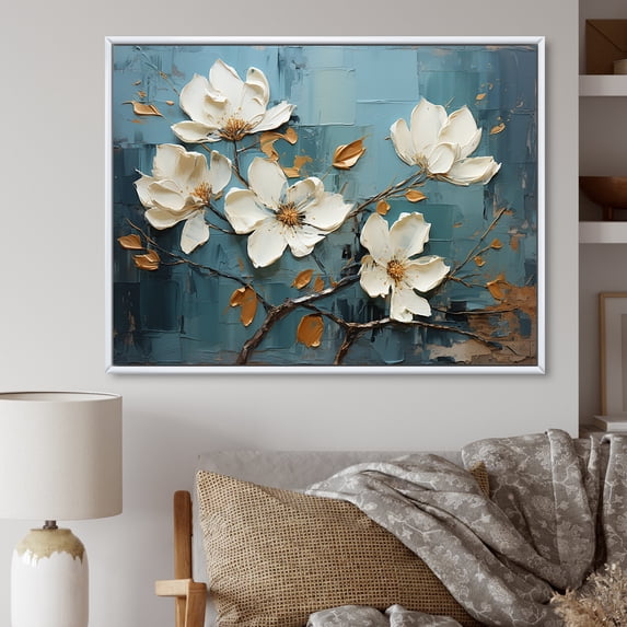 Designart "Spring Beauty White and Blue Flower Elegance II" Floral Framed Wall Art - Traditional White Flowers Living Room Framed Canvas Art