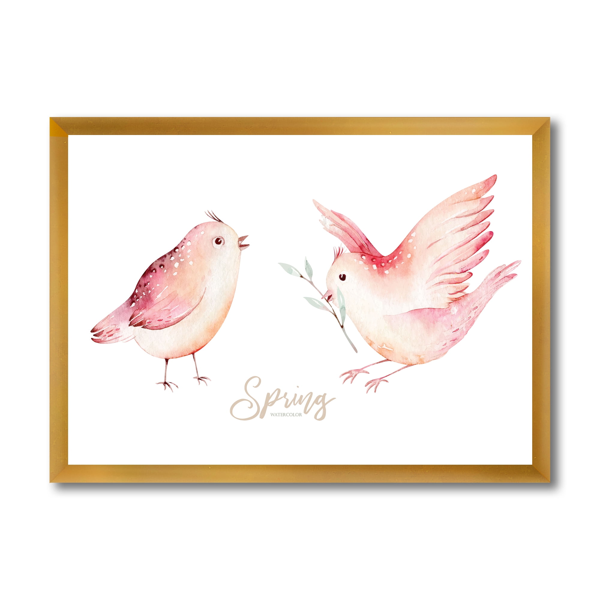 Designart 'Spring Bird With Green Leaves On White' Traditional Framed Art Print
