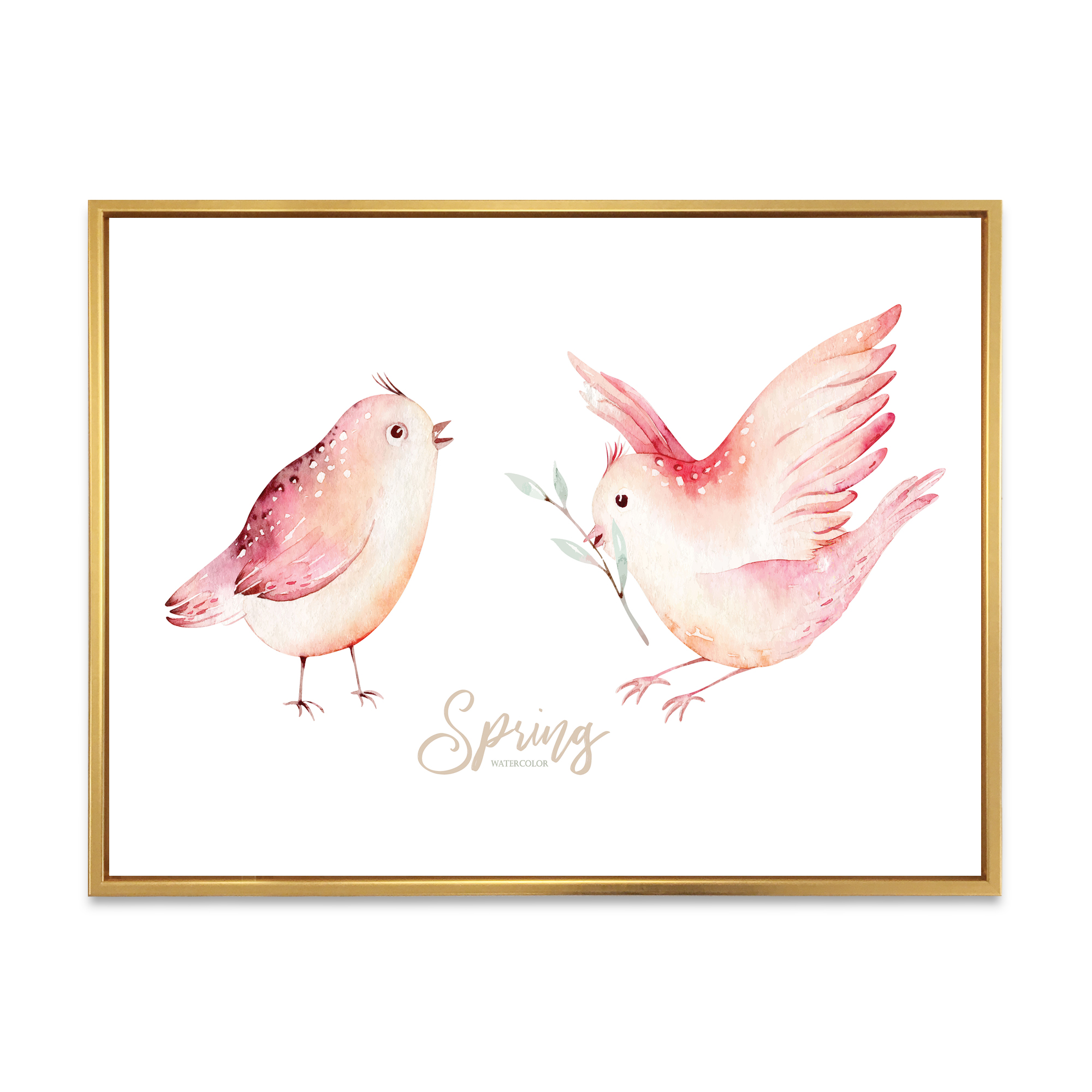 Designart 'Spring Bird With Green Leaves On White' Traditional Framed Canvas Wall Art Print