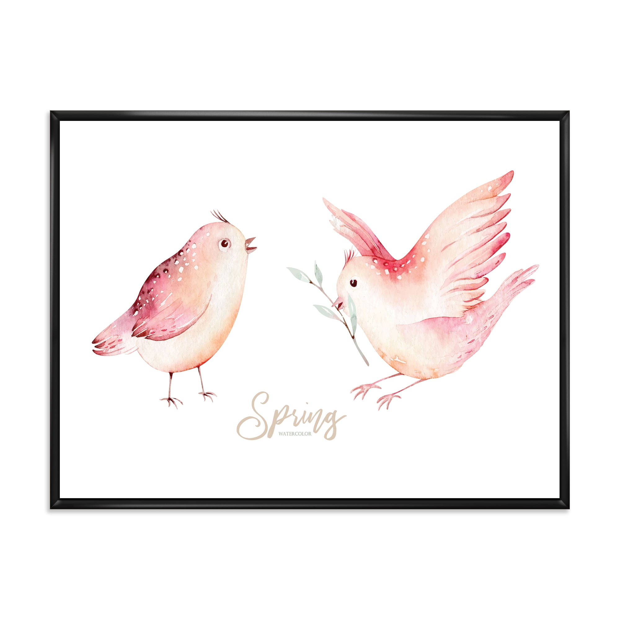 Designart 'Spring Bird With Green Leaves On White' Traditional Framed Canvas Wall Art Print