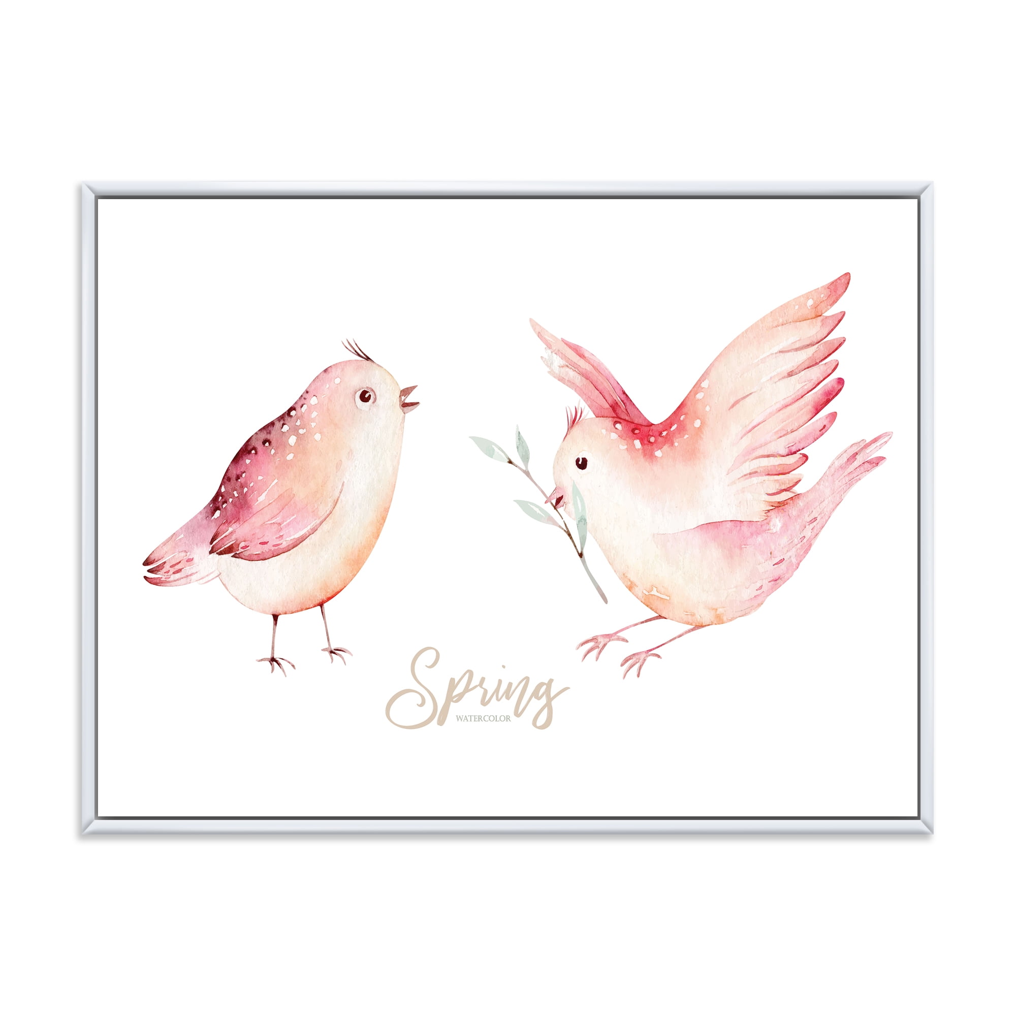 Designart 'Spring Bird With Green Leaves On White' Traditional Framed Canvas Wall Art Print