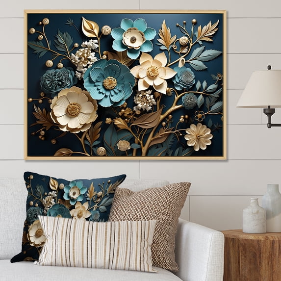 Designart "Spring Elegance Blue and Gold Flower Beauty I" Floral Framed Wall Art - Traditional Blue Flowers Entryway Framed Wall Art Print