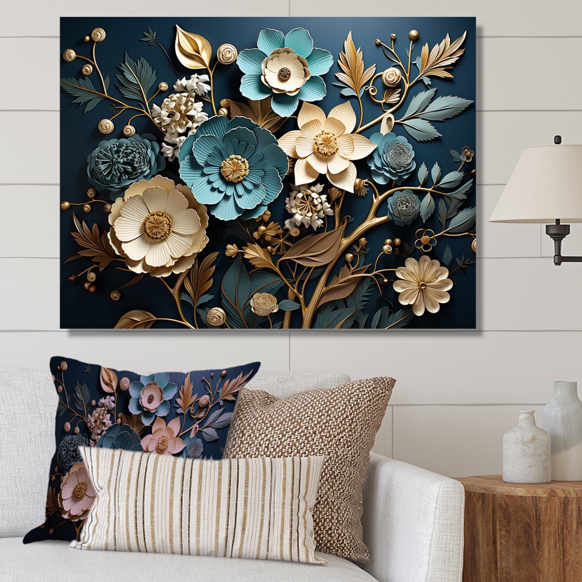 Designart "Spring Elegance Blue and Gold Flower Beauty I" Floral Wall ...