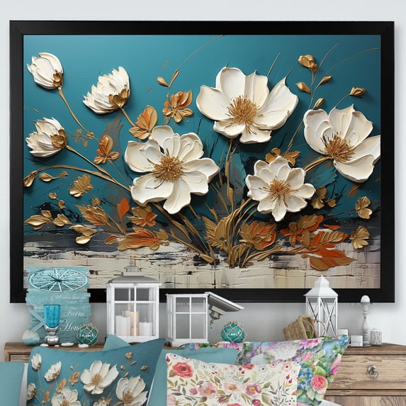 Designart "Spring Elegance Blue and Gold Flower Beauty II" Floral Framed Wall Art Decor - Traditional Blue Flowers Entryway Framed Wall Art Print
