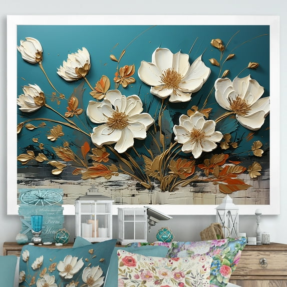 Designart "Spring Elegance Blue and Gold Flower Beauty II" Floral Framed Wall Art Decor - Traditional Blue Flowers Entryway Framed Wall Art Print