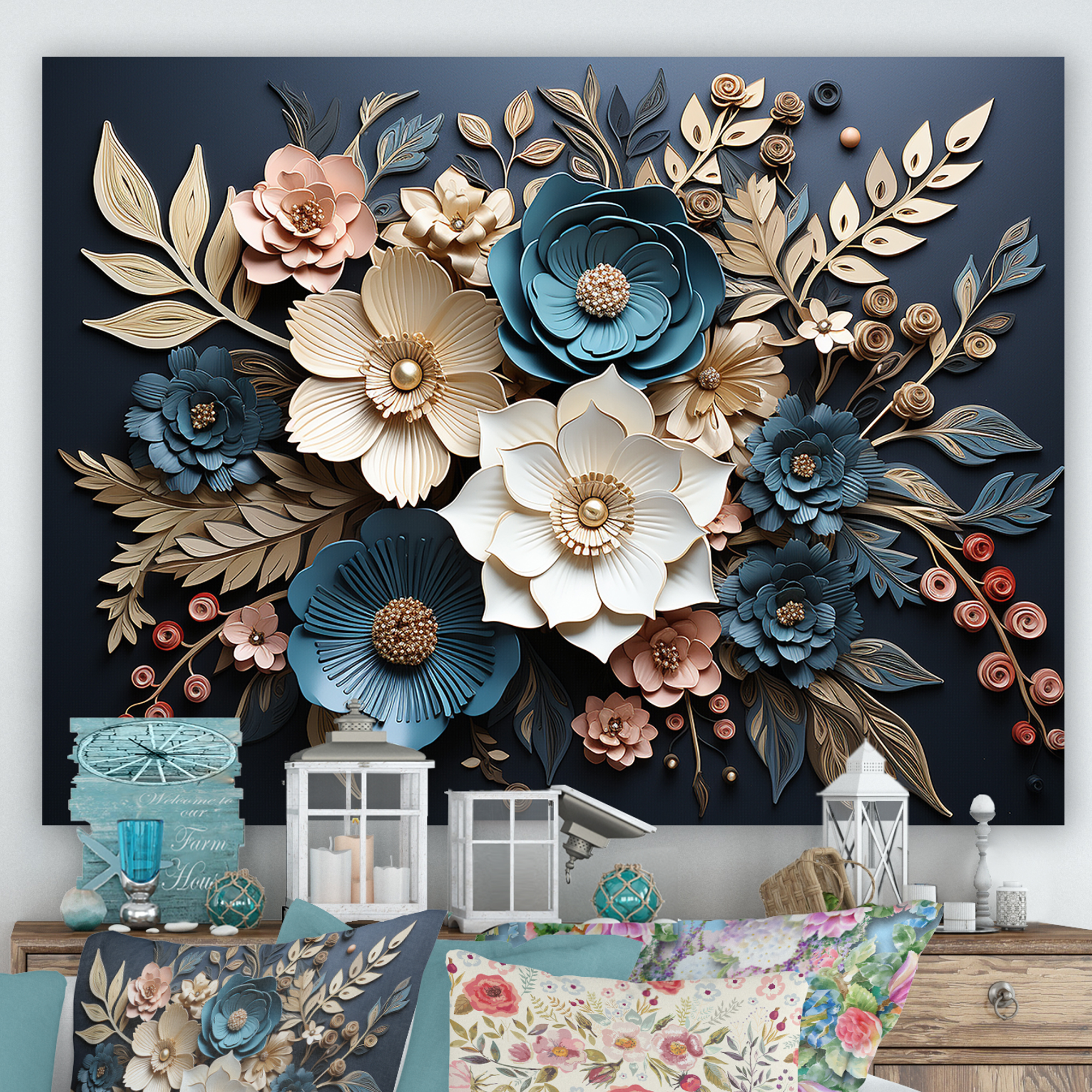 Designart Spring Elegance Blue And Gold Flower Blooms Oversized Designart Spring Elegance Blue And Gold Flower Blooms Oversized