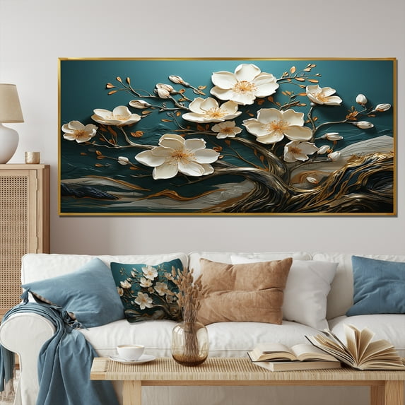 Designart "Spring Elegance White and Gold Flower Beauty II" Oversized Floral Framed Wall Art - Traditional White Flowers Living Room Framed Canvas Art