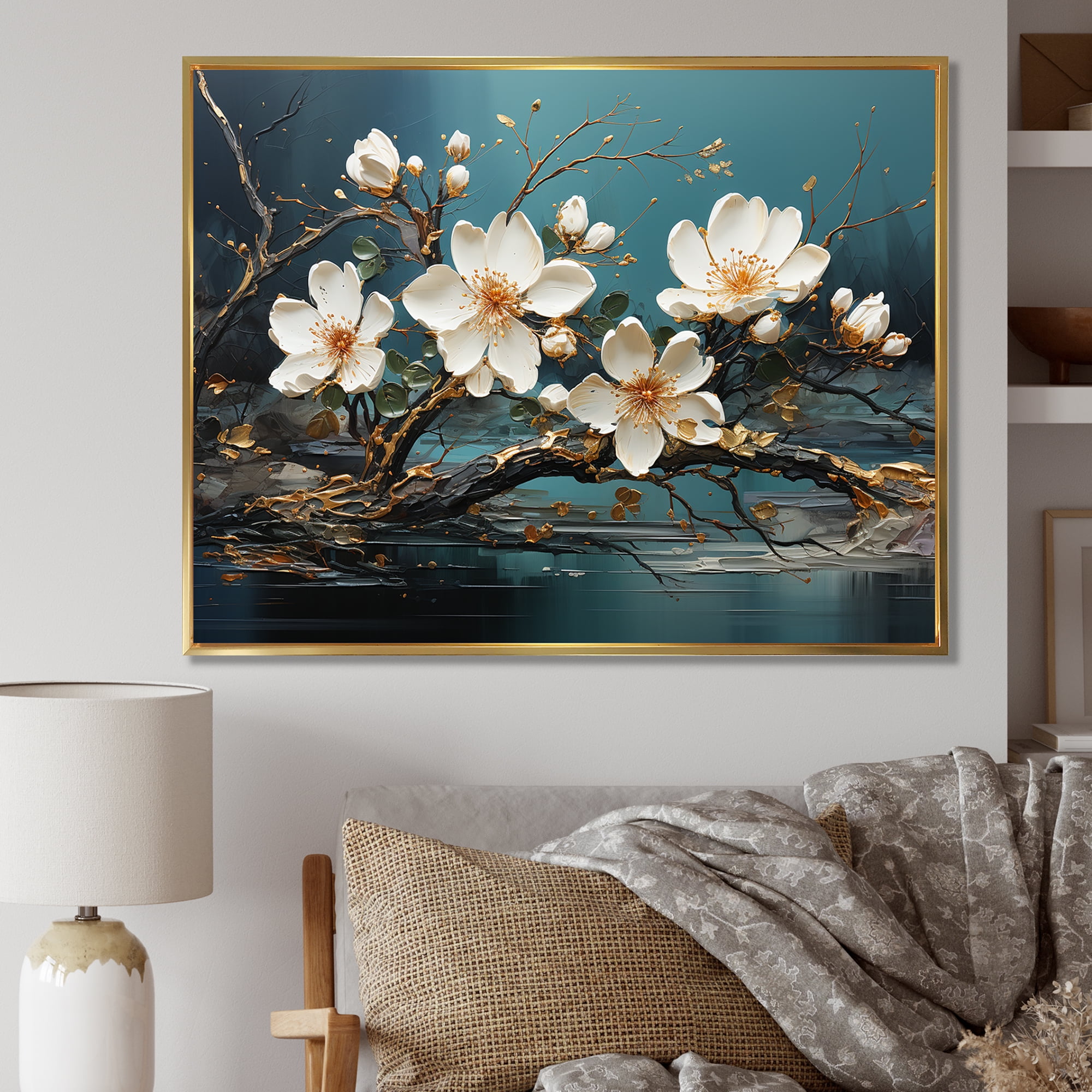 Designart "Spring Elegance White and Gold Flower Beauty I" Floral