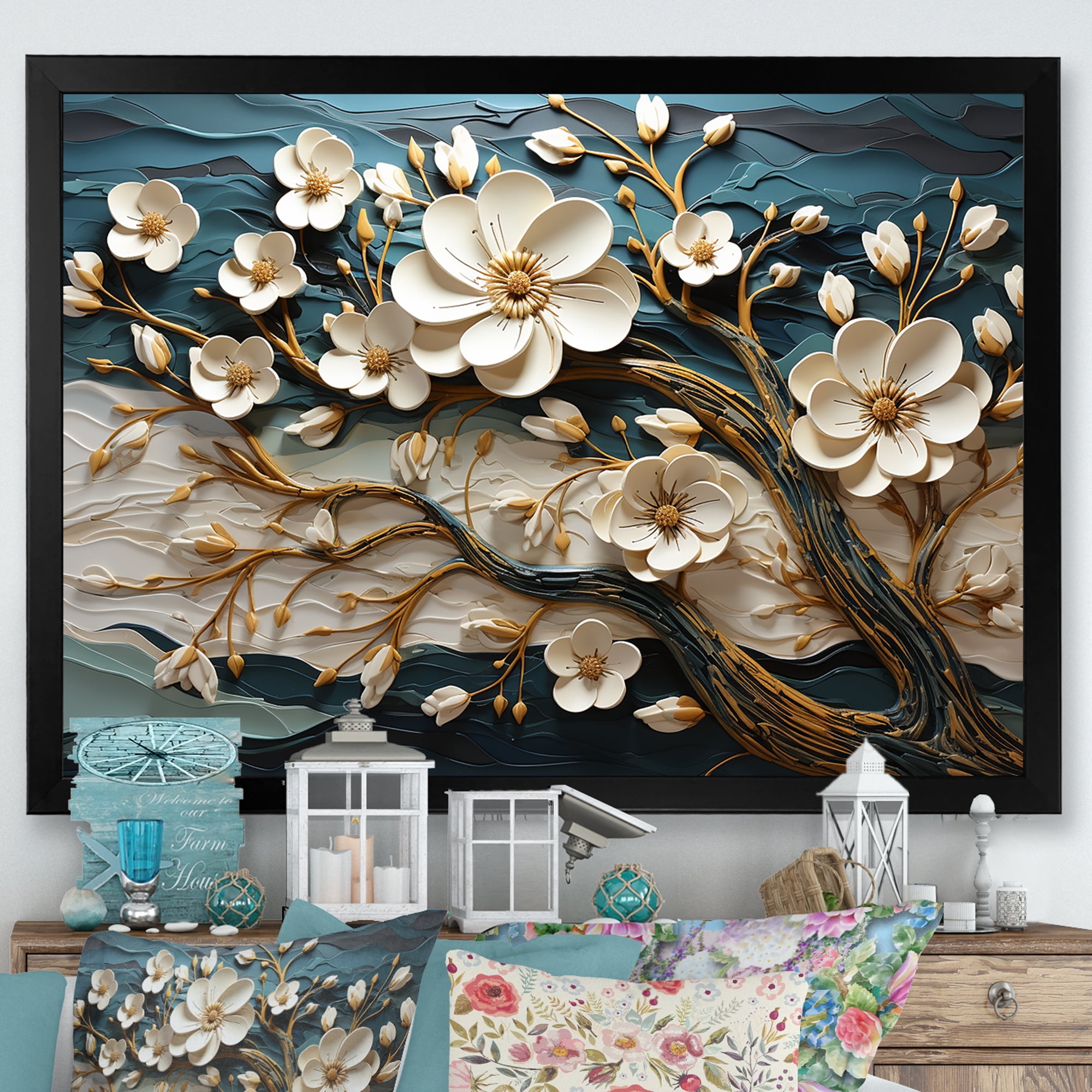 Designart "Spring Elegance White and Gold Flower Beauty III" Floral