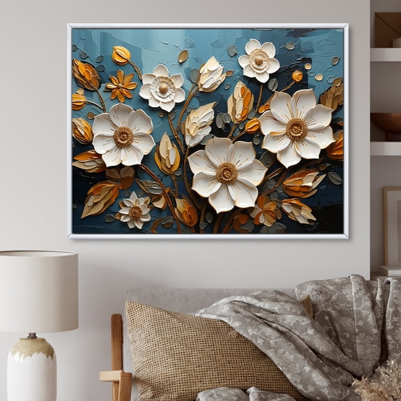 Designart "Spring Elegance White and Gold Flower Beauty IV" Floral Framed Wall Art - Traditional White Flowers Entryway Framed Wall Art Print