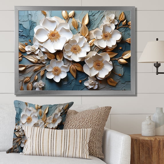 Designart "Spring Elegance White and Gold Flower Beauty V" Floral Framed Wall Art Decor - Traditional White Flowers Entryway Framed Wall Art Print