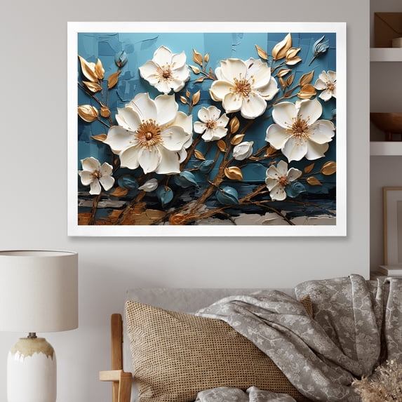 Designart "Spring Elegance White and Gold Flower Blooms I" Floral Framed Wall Art Decor - Traditional White Flowers Entryway Framed Wall Art Print