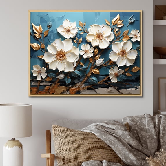 Designart "Spring Elegance White and Gold Flower Blooms I" Floral Framed Wall Art - Traditional White Flowers Entryway Framed Wall Art