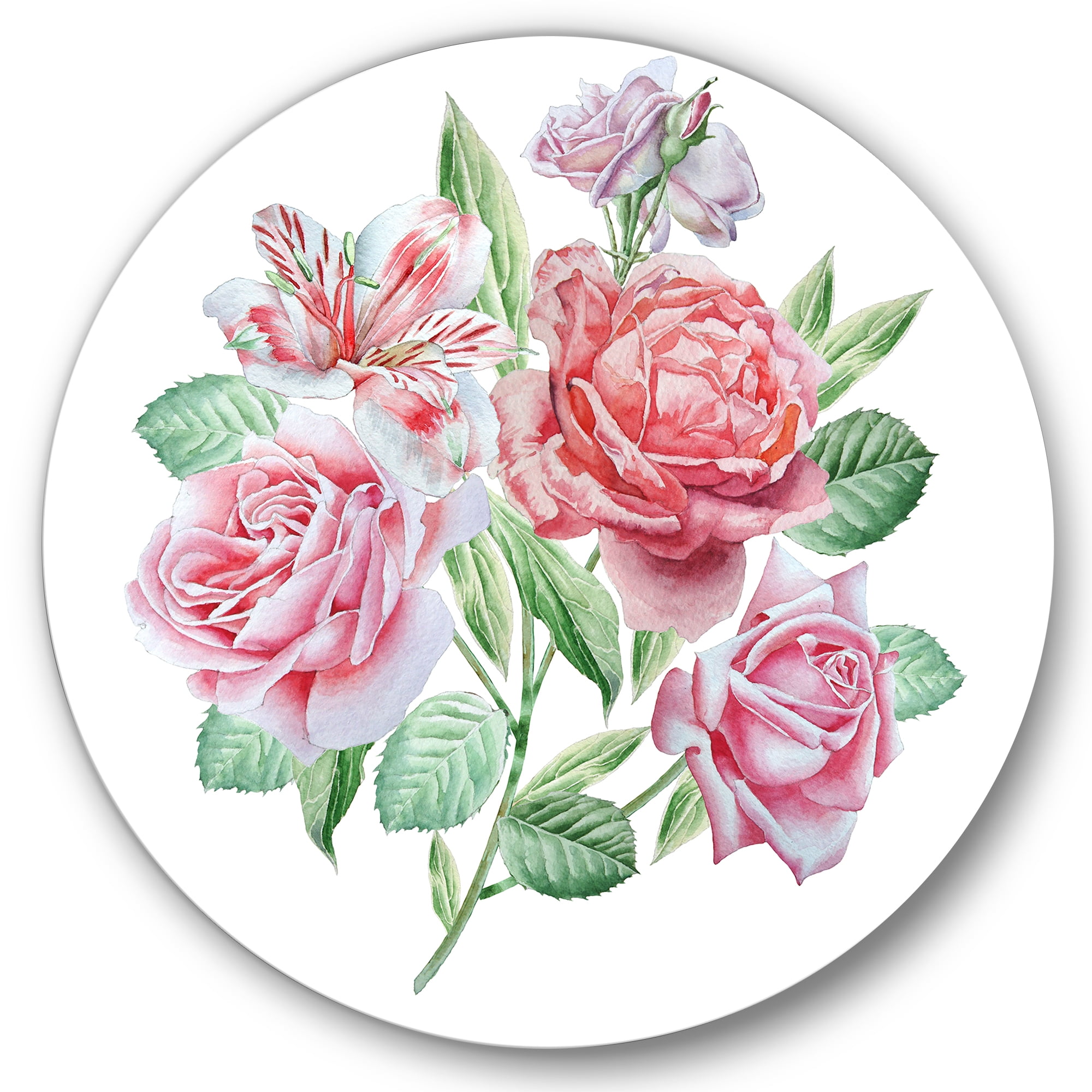 Designart 'Spring Flowers Alstroemeria Pink Roses' Traditional Circle Metal Wall Art 23x23 - Disc of 23