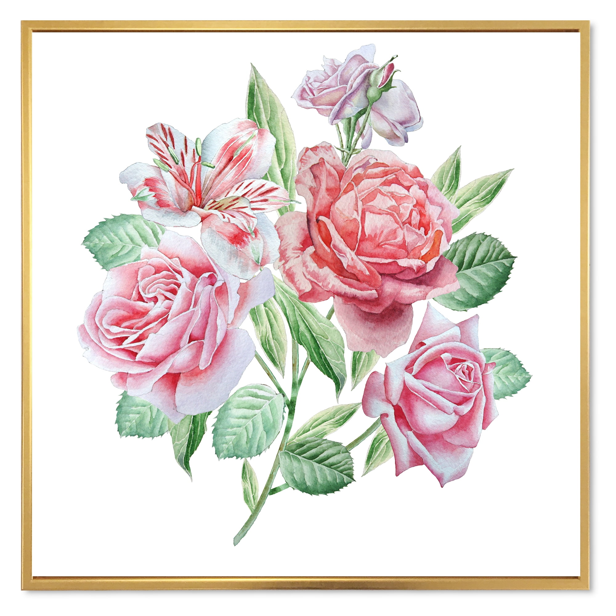 Designart 'Spring Flowers Alstroemeria Pink Roses' Traditional Framed Canvas Wall Art Print