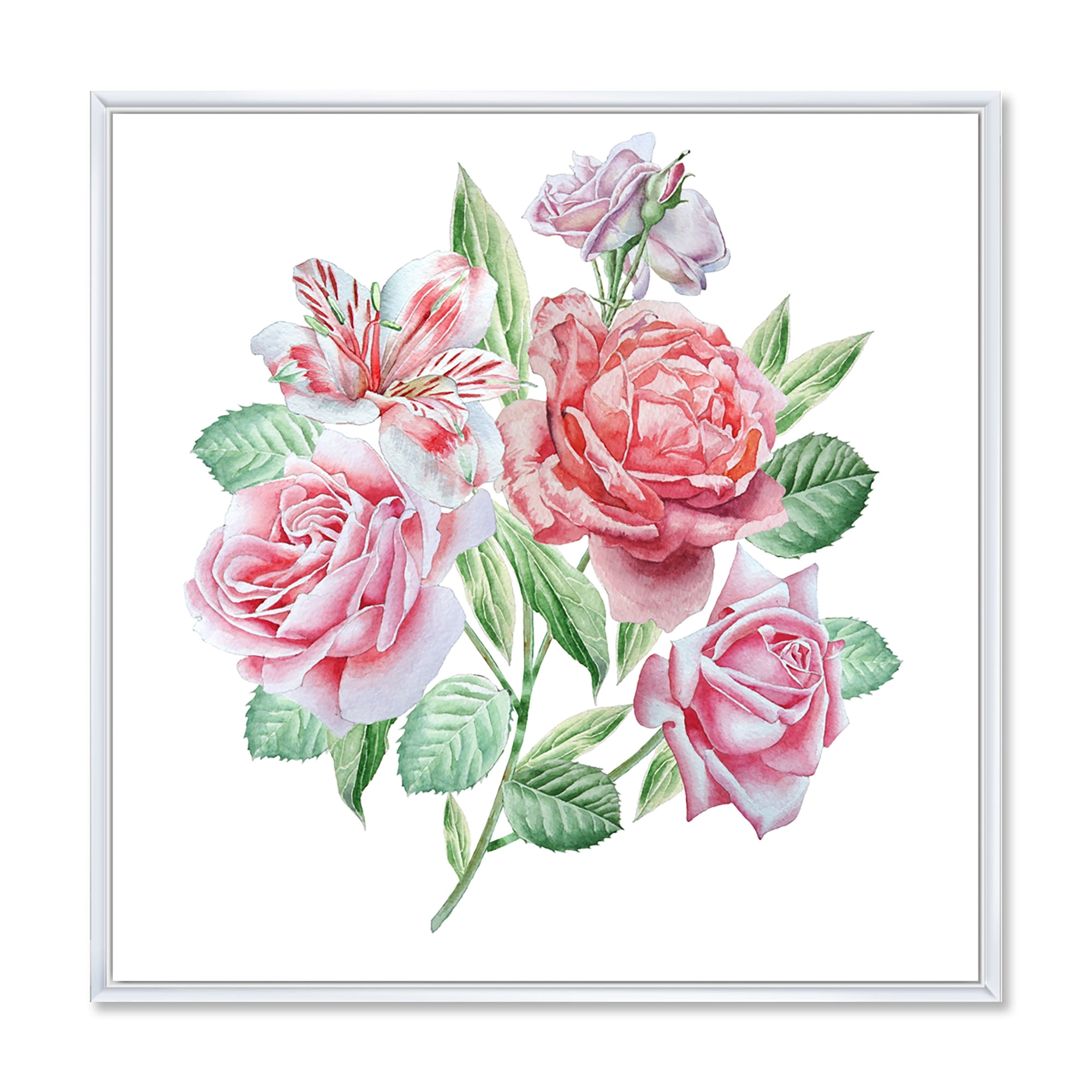 Designart 'Spring Flowers Alstroemeria Pink Roses' Traditional Framed Canvas Wall Art Print