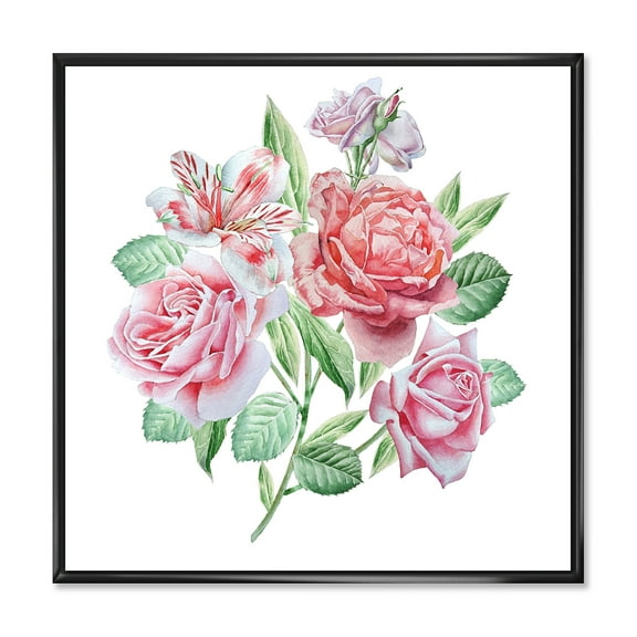 Designart 'Spring Flowers Alstroemeria Pink Roses' Traditional Framed Canvas Wall Art Print