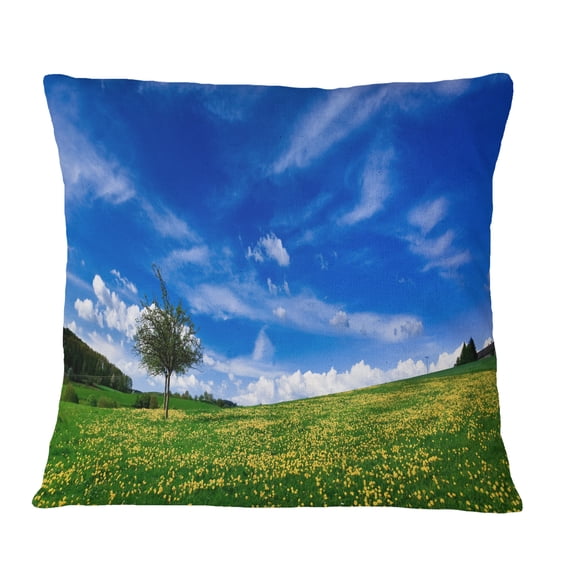 Designart Spring Landscape Green Fields - Landscape Printed Throw Pillow - 18x18