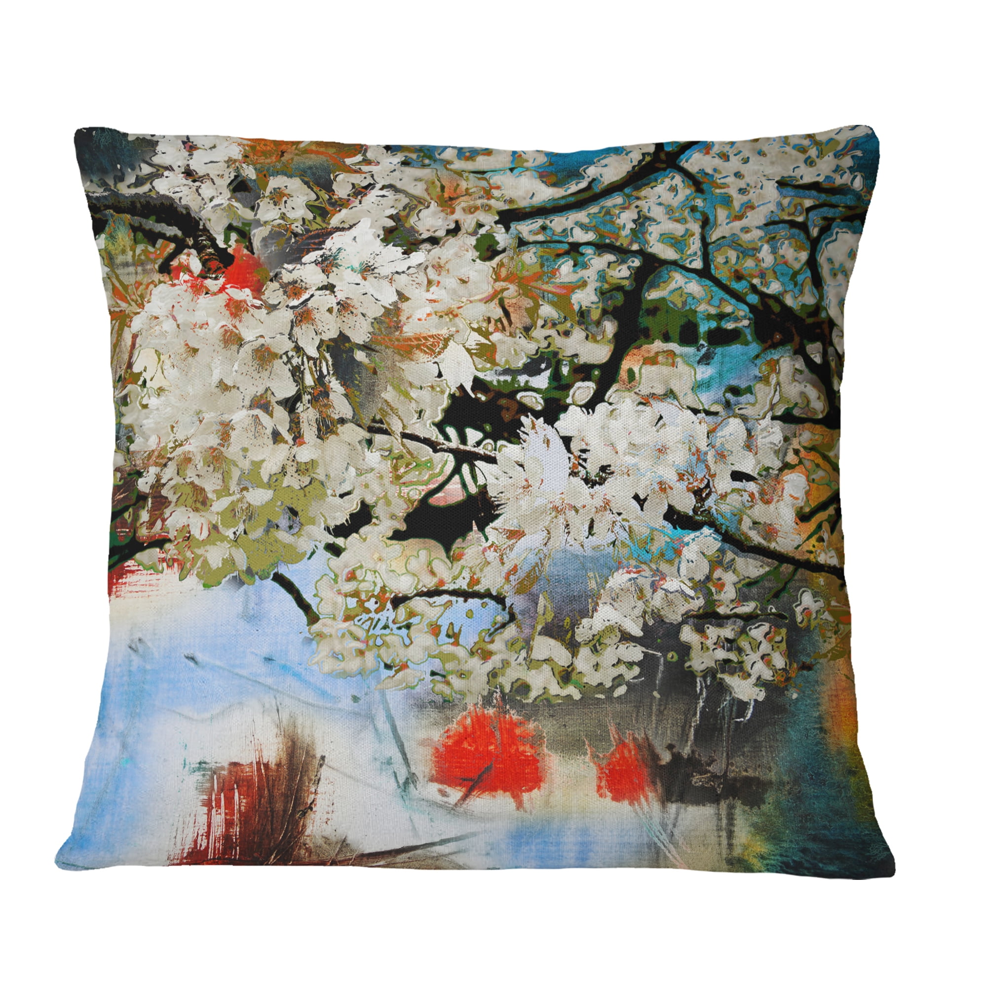 Designart Spring Motif with Small White Flowers - Floral Throw Pillow - 18x18