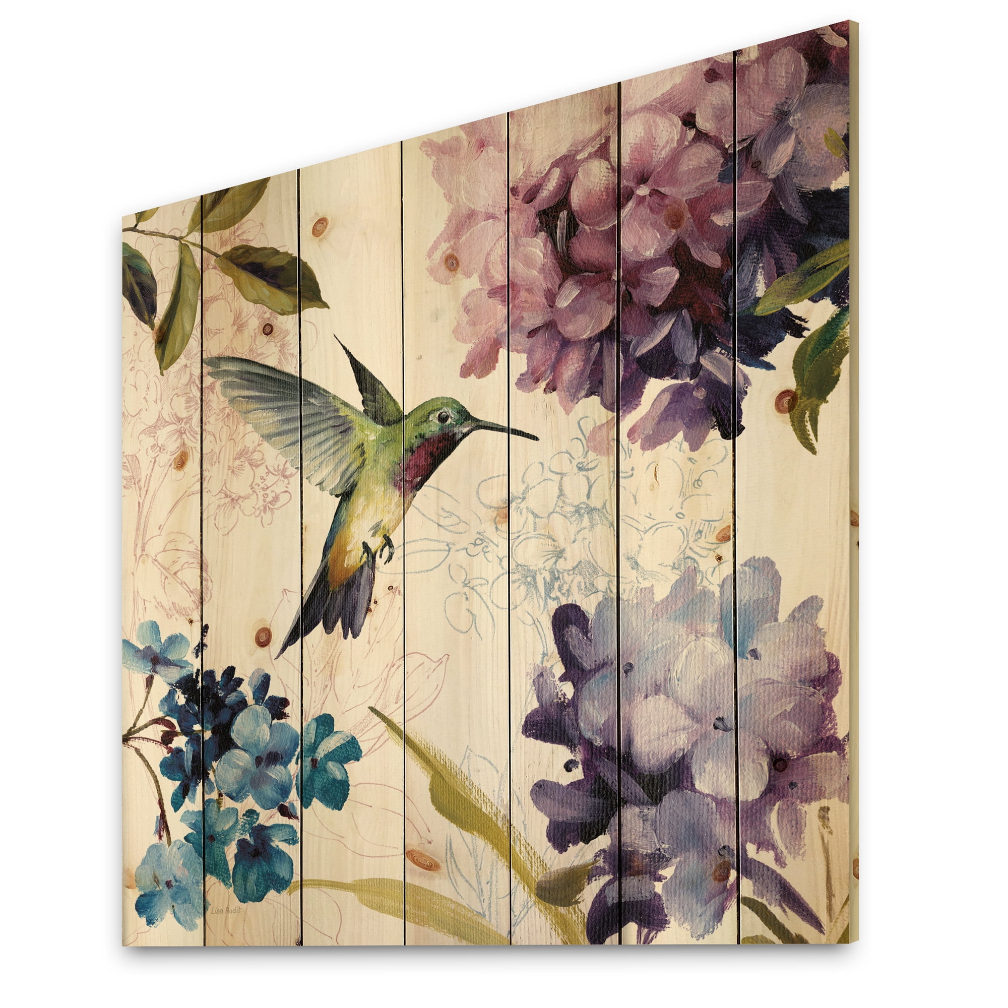 Designart 'Spring Nectar Square Bird and Flowers' Traditional Print on Natural Pine Wood